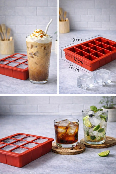 RED KİTCHEN 15 Gözlü Büyük Boy Silikon Buz Kalıbı – 3x3 cm Kare Buz Küpleri