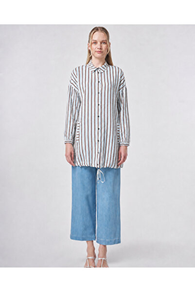 Kayra Women's Striped Viscose Shirt with Collar and Lace Detail Long Shirt Tunic