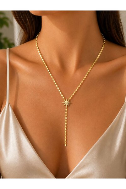 Line Zirkon Taşlı Kuzey Yıldızı Kadın Kolye – Su Yolu Zincirli Gold/Gümüş Şık...