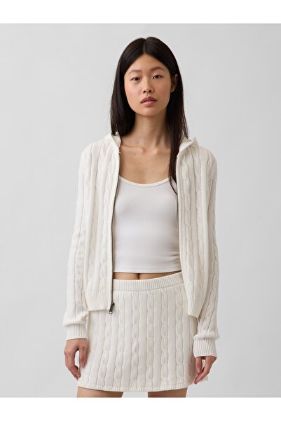 GAP Kadın Beyaz %100 Pamuk Cable-Knit Fermuarlı Hırka
