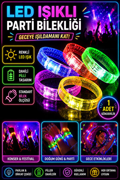 Tamsena Store LED Işıklı Renkli Parti Bilekliği Pilli Neon Işıklı Bilezik 1 Adet