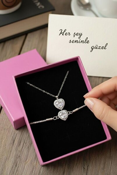perry accessories kararmaz çelik pembe kalp kolye be bileklik hediye seti not...