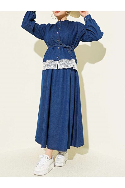 Lavanta Tekstil Lace Detailed Skirted Denim Two-Piece Set