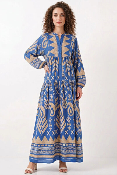buğrahayalin Women's High Collar Gathered Waist Floral Patterned Viscose Blue...