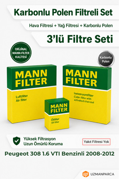 Mann-Filter Peugeot 308 1.6 VTI Benzinli 2008-2012 MANN Filtre Seti (3’lü / 3...
