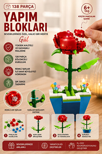 Penthouse Gül Yapım Blokları 138 Parça LED Işıklı Dekoratif Yapboz Çiçek Seti...