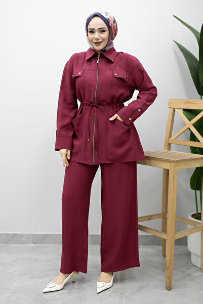 Tesettür Dünyası Çakım Detailed Double Suit with Pockets Tsd260215 Fuchsia