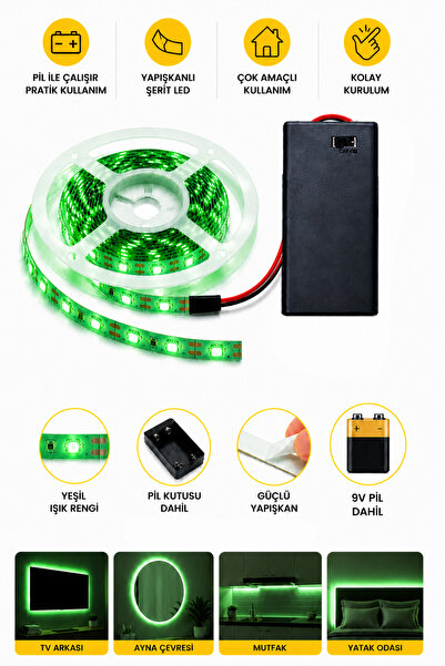 TrendDeco Yeşil Renk Pil Ile Çalışan Şerit Led 1 Metre Pilli Şerit Led (PİL D...