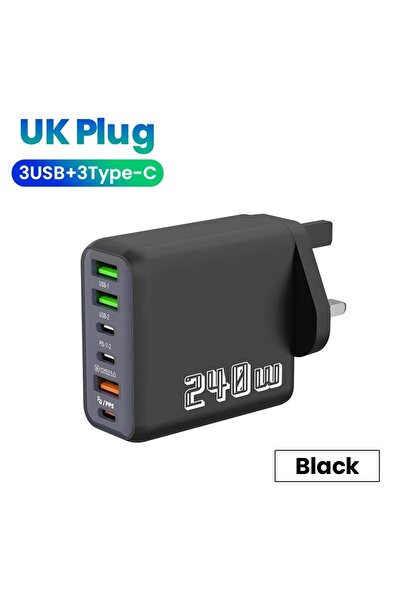 Choice شاحن USB-C بريطاني أسود بقوة 240 واط و6 منافذ، شحن فائق السرعة PD3.0، ...
