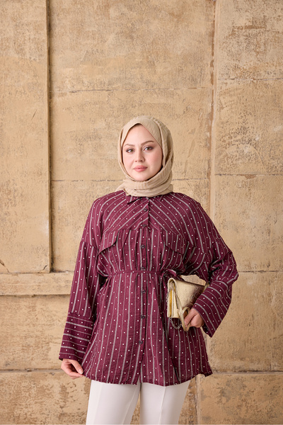 LOCCO Women's Symmetrical Pattern Waist Tie Shirt Burgundy