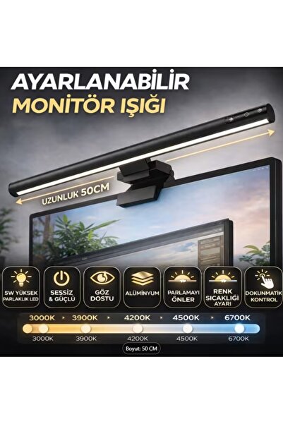 newnet Profesyonel 50 CM Ayarlanabilir LED Monitör Işığı, Göz Korumalı Renk S...