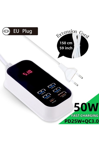 choice2 شاحن أوروبي حقيقي بقوة 50 واط مع 6 منافذ USB من النوع C يدعم PD وQC3....
