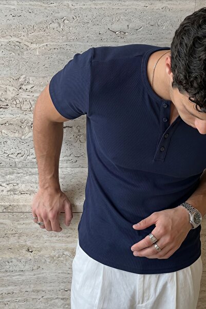 Livio Ferri Liiri %100 Pamuk Premium Fitilli Henley Yaka Yarım Düğmeli Regula...