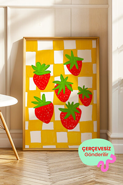 ArtDropsco Çilek Desenli Poster Renkli Meyve İllüstrasyon Duvar Tablosu Çerçe...