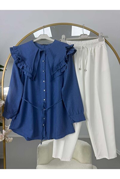modasindoma Ruffle Collar Lace-Up Tunic Pants Set Blue