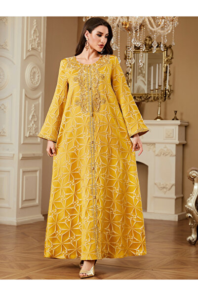 Take Two By Styli Yellow Texture Fabric Faux Pearl Detail Jalabiya