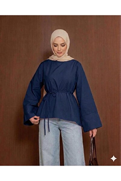 onlymoon Navy Blue • Cotton Asymmetrical Cut Shirt • Waist-Tie Oversized Tuni...