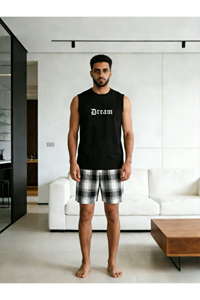 Take Two By Styli Men Black Sleeveless Tank and Checkered Shorts Pyjama Set