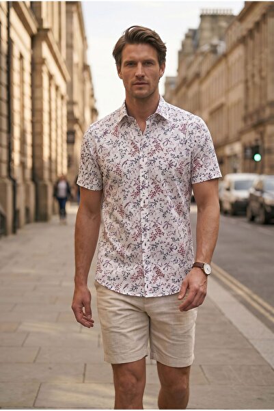 Louis Fabel Short Sleeve Men's Shirt with Micro Floral Pattern on White Backg...