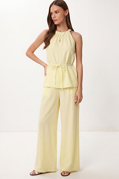 Lovelyİstanbul Tie-Detail Blouse Trousers Linen Set Lby0052 Light Yellow