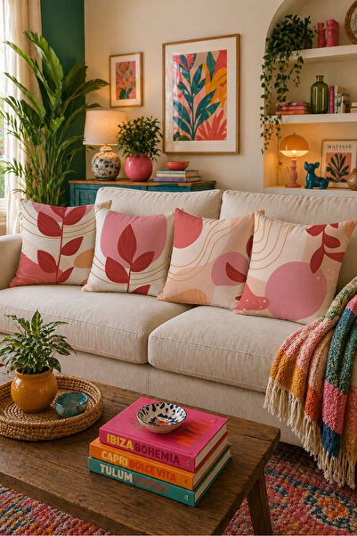 LadiesHome Set de 4 huse de pernă cu model abstract cu frunze roz, 43x43 cm, ...