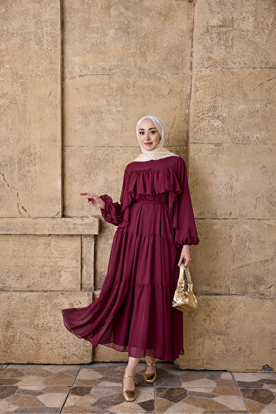 LOCCO Women's Drawstring Detail Waist Tie Dress Burgundy