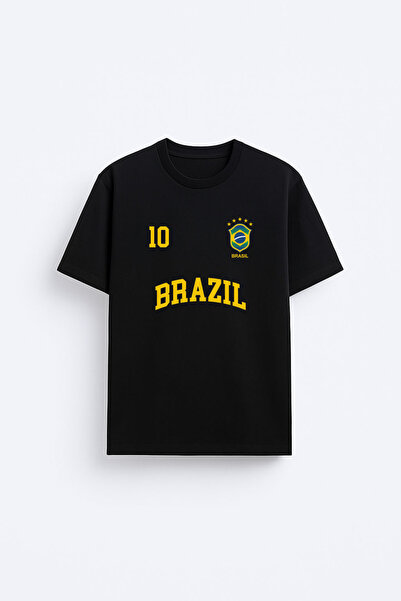 AYDESİGN Brazil Football Team Logo Printed Cotton Fabric Black T-Shirt T-Shirt