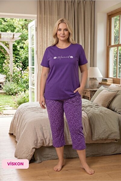 bie's Women's Buttonless Crew Neck Viscose Short Sleeve Capri Pajama Set (Bas...