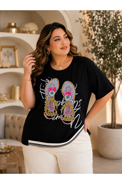 lavelina Plus Size Lycra Crew Neck Printed Stone Embroidered Hem Tulle Detail...