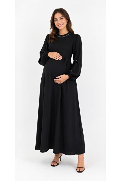 Desen Hamile Giyim Siyah Kolları Ve Yakası Taş İşlemeli Hamile Elbise