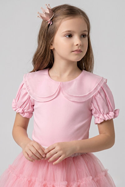 Le Mabelle Pink Short Sleeve Organza Collared Girl's T-Shirt