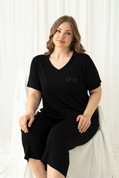 Miss Meryem Crni čipkasti prsten, viskozni set kaprihlača veće veličine sa kr...