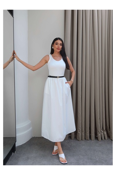 ESRAHELVACI Contrast Belted Zero Sleeve Midi Dress