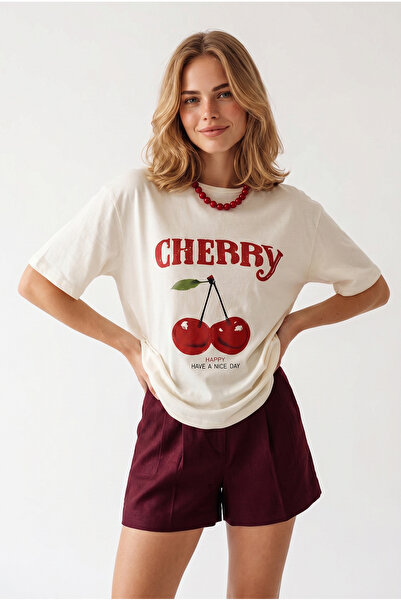 Olalook Women's White Cherry Printed Loose Fit Cotton T-Shirt Tsh-19001000