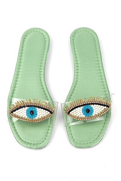 Gökhan Talay Eye Bead Mint Shiny Satin Handmade Natural Stone Women's Slippers