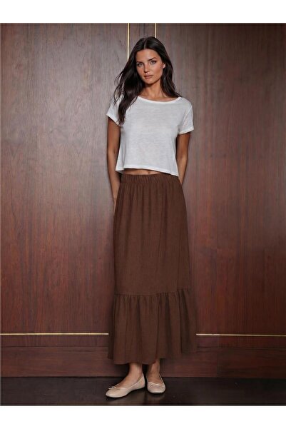 WeShaya Brown Stretchy Knitted Fabric Elastic Waist Straight Cut Long Skirt, ...