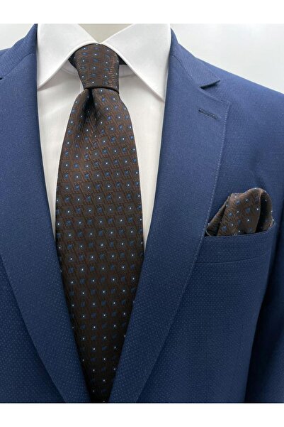 Brianze 8 cm Brown Blue Patterned Tie and Handkerchief Set