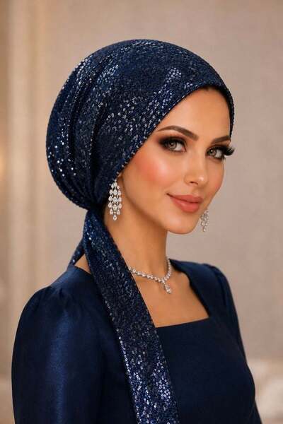 Aişe tesettür Navy Blue Sequined Evening Dress Scarf Bonnet