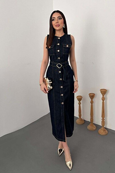 Caddebostan Moda Belted, Buttoned, Sleeveless, Pocketed, Long Denim Jean Dress