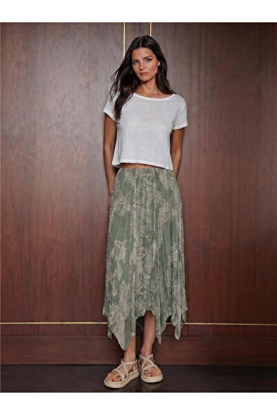 WeShaya Çağla Tulle Chiffon Asymmetrical Cut Elastic Waist Lined Long Skirt