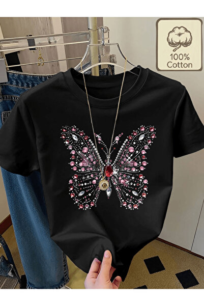 one button Tricou oversize premium cu imprimeu colorat cu fluturi și model de...