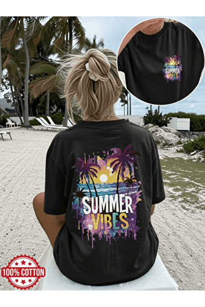 one button تي شيرت صيفي كبير الحجم مطبوع عليه موضوع Summer Vibes