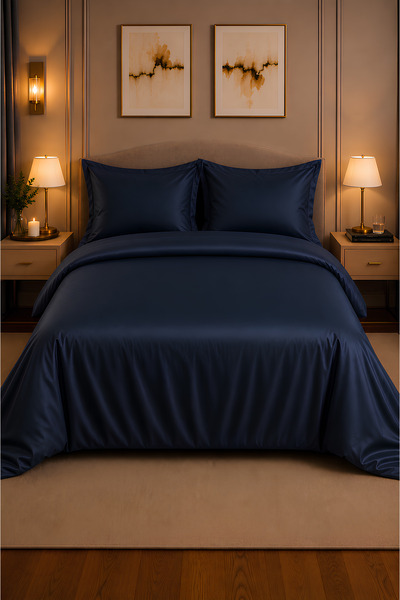 remtex 100% Cotton Navy Blue Satin Double Duvet Cover Set – Elegant and Moder...