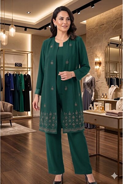 elma abone Plus Size Evening Dress with Pants and Stone-Embellished Tunic Set