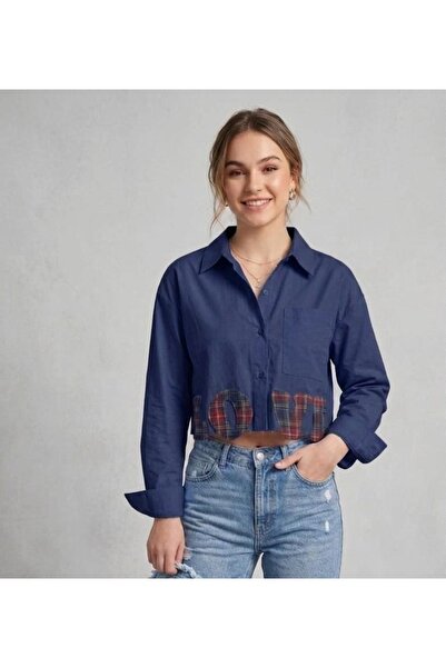 EsSo butik Women's Love Embroidered Plaid Detailed Poplin Crop Shirt