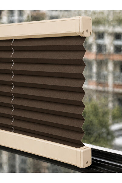 PLİSANSS Plise Perde (KAHVERENK KUMAŞ + KREM PROFİL KASA) Cam Balkon Perdesi