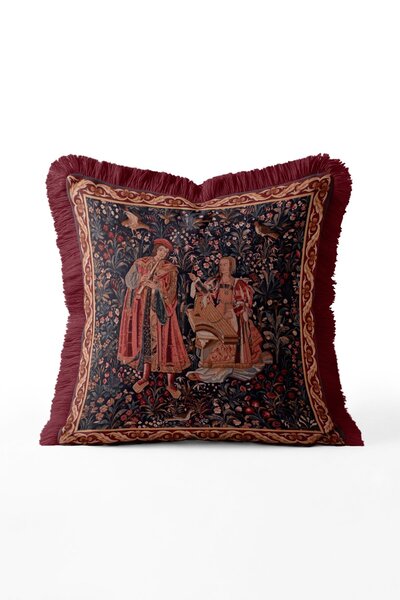 IdeCraft Medieval Garden Scene Figured Tapestry Fringed Throw Pillow Cover - ...