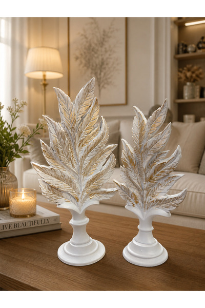 COOLOVS Dekoratif 2’li Yaprak Set Beyaza Eskitme Polyester Salon Konsol Objes...