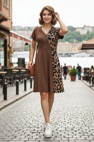 Mossta Short Sleeve Viscose Dress with Leopard Detail - Brown