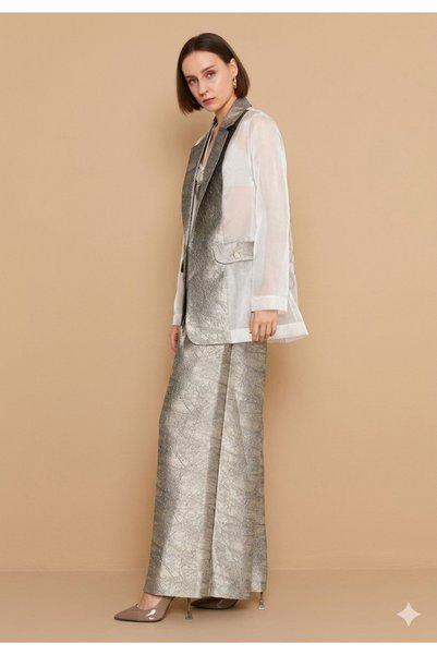 MİANOTTE Modern Metallic Two-Piece Set - Double Textured "Organza" Blazer & Matte Gold Shiny Wide-Leg Pants